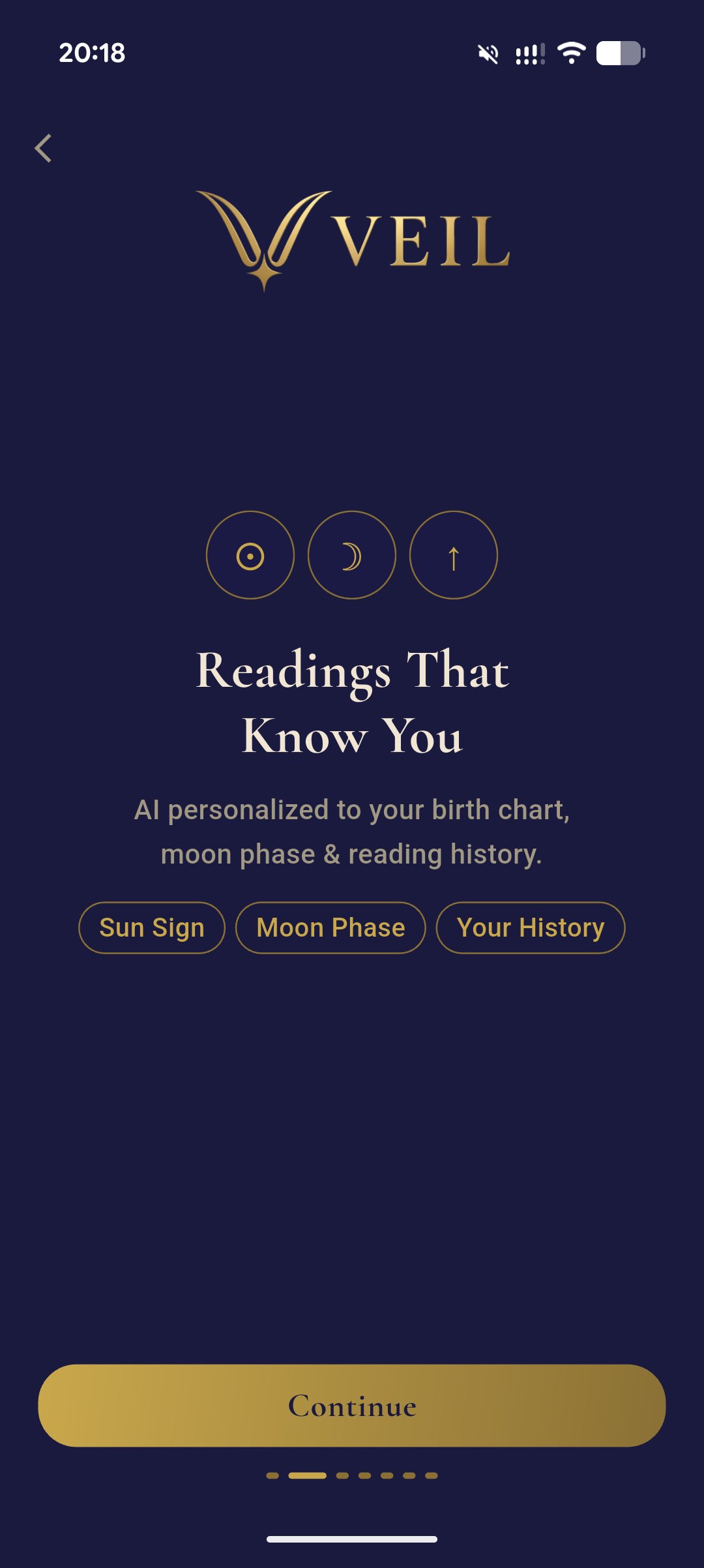 Veil onboarding — readings personalised to your birth chart, moon phase, and history